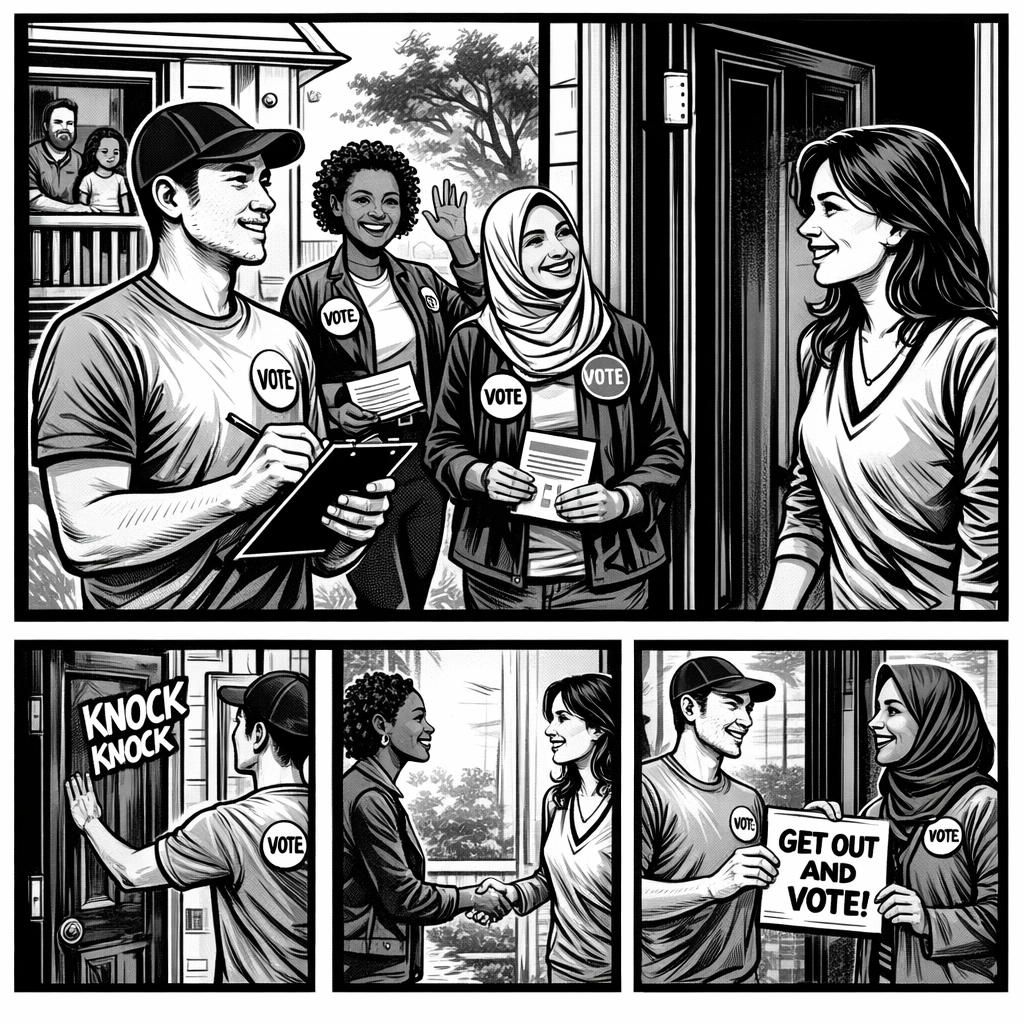 Campaign volunteers canvassing at the door, shaking hands with voters, and encouraging turnout.