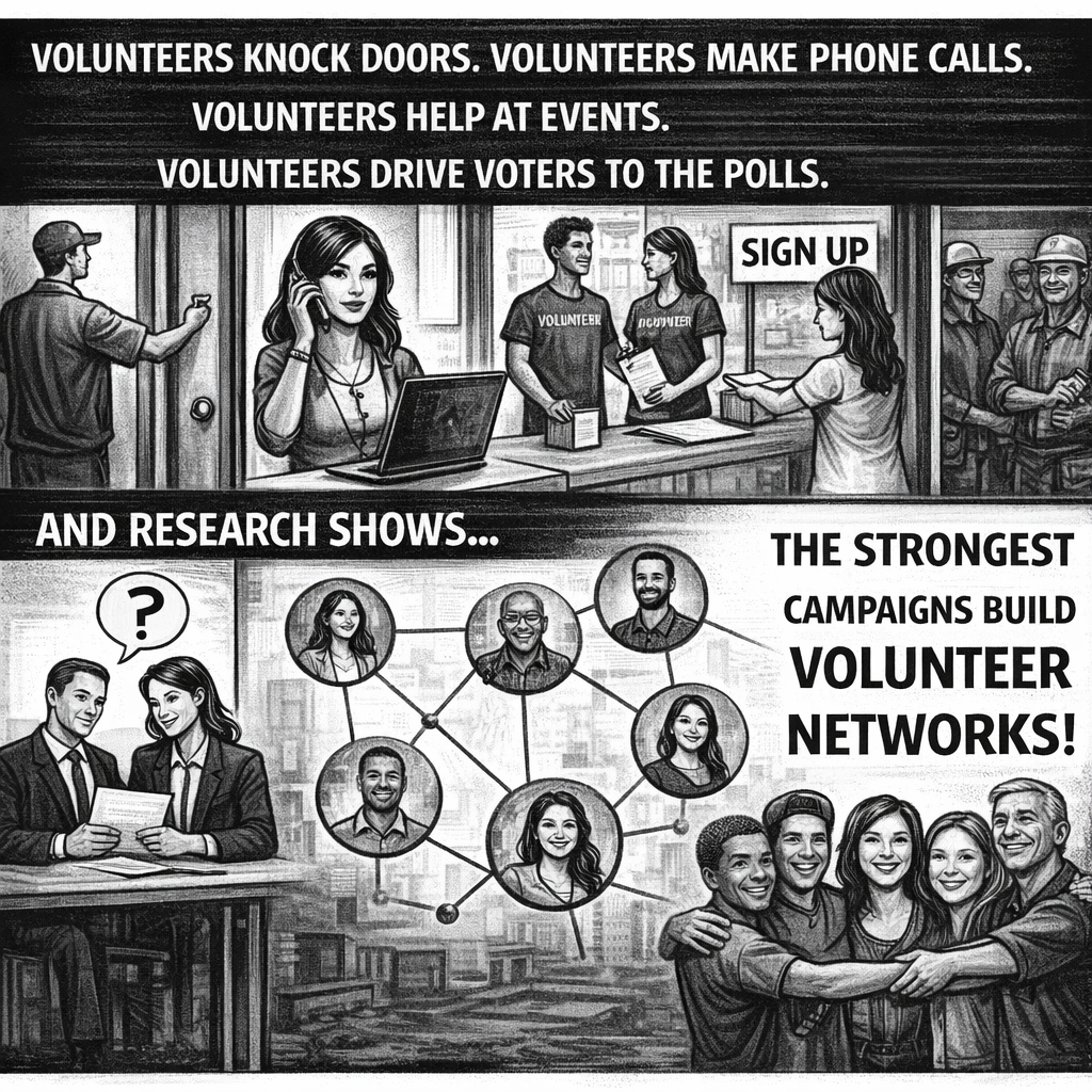 Volunteer network diagram illustrating how social ties expand recruitment, participation, and campaign capacity.