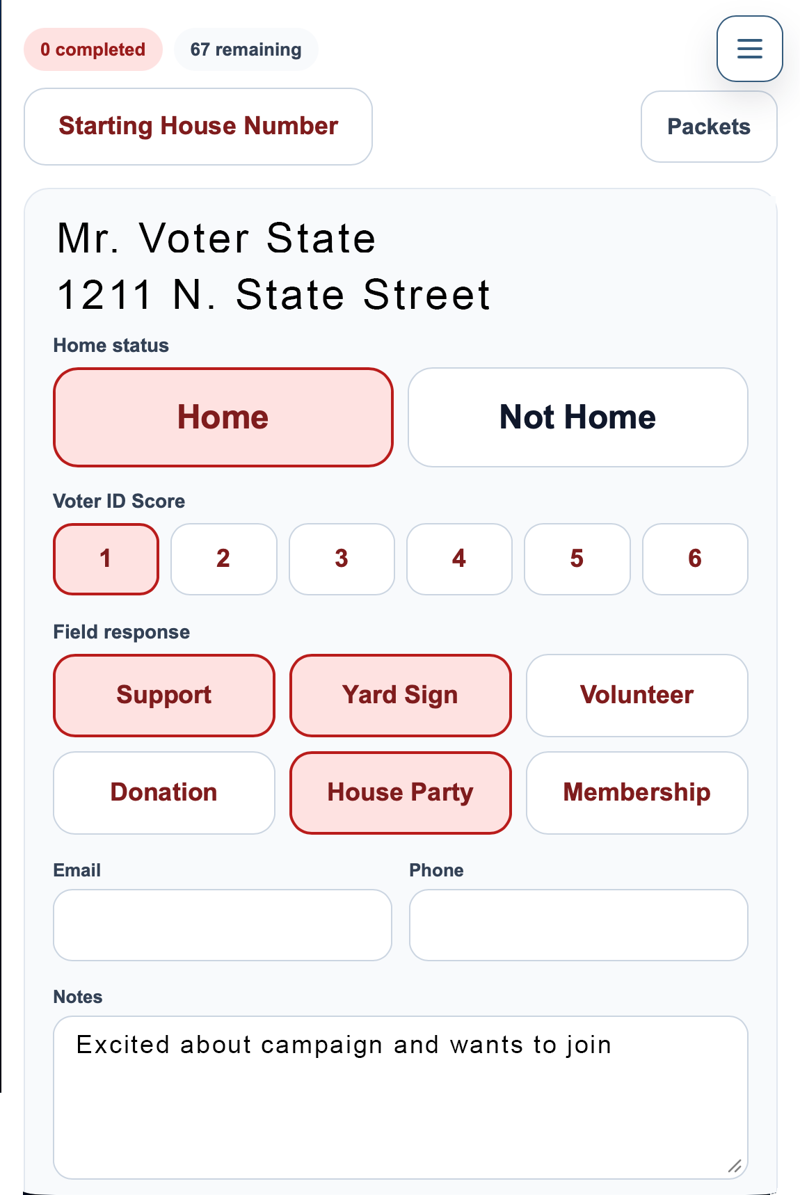 Campaign field response screen for capturing voter outreach feedback.