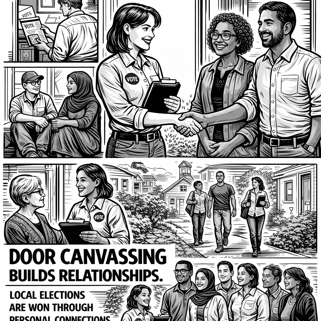 Local campaign volunteers and candidate meeting voters at their front doors during neighborhood canvassing.