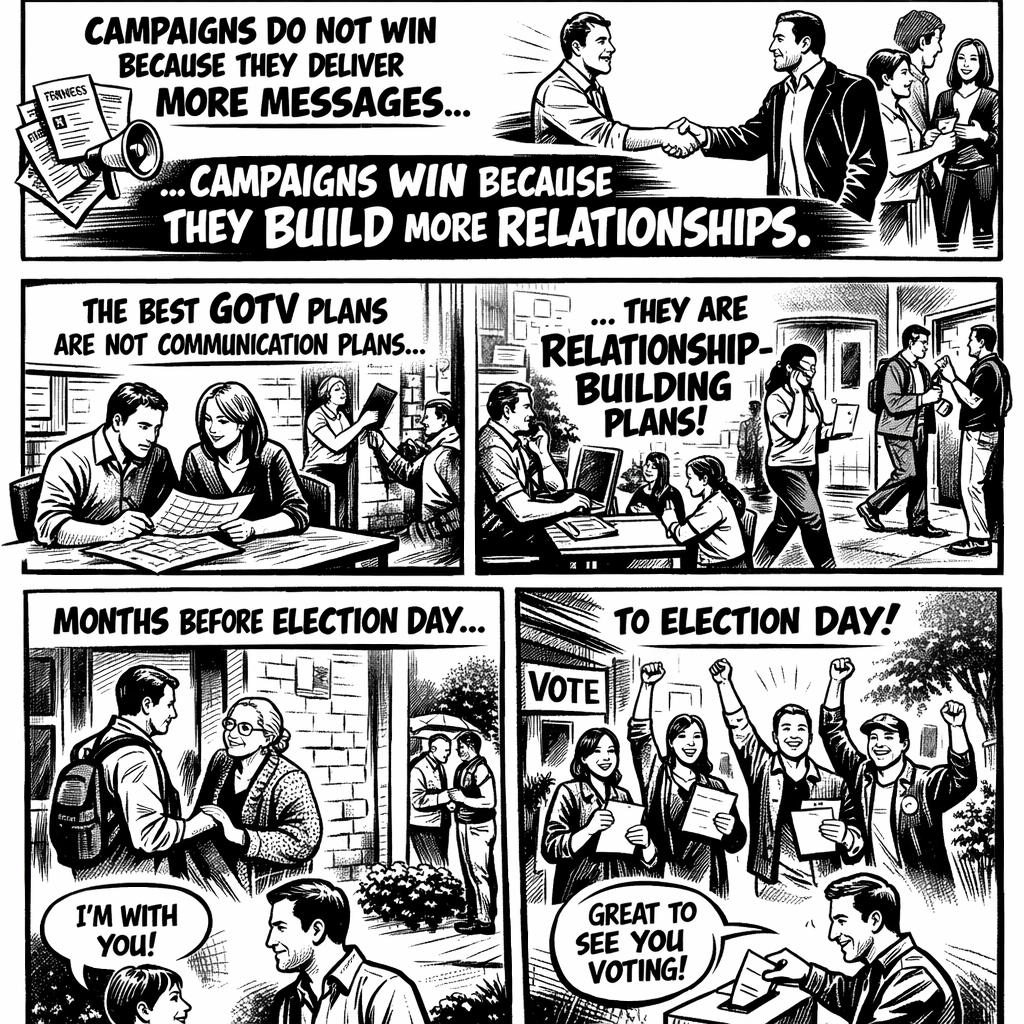 Illustrated GOTV plan graphic showing that campaigns win by building relationships months before Election Day and carrying that work through turnout.