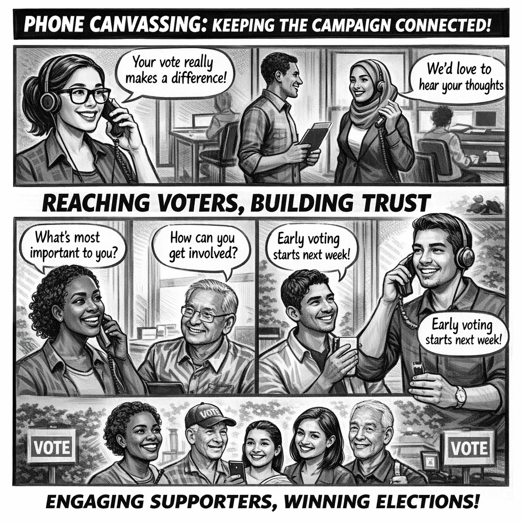 Campaign volunteer making a phone canvassing call while tracking voter follow-up and turnout outreach.