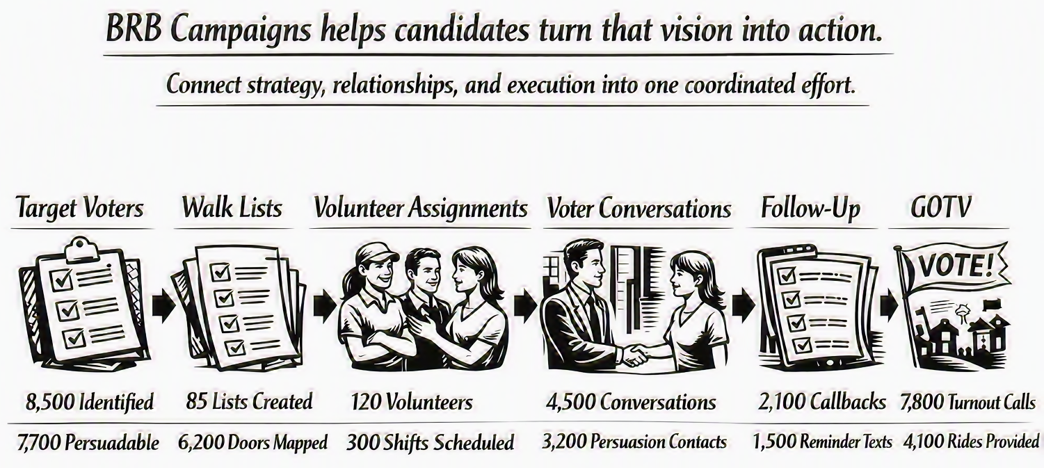 Political campaign software workflow dashboard for organizing outreach, canvassing, and GOTV.