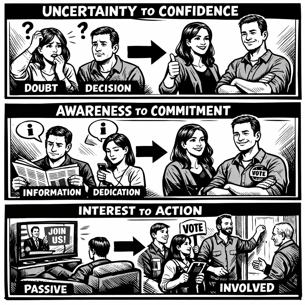 Voter change journey diagram illustrating movement from awareness to commitment and turnout.